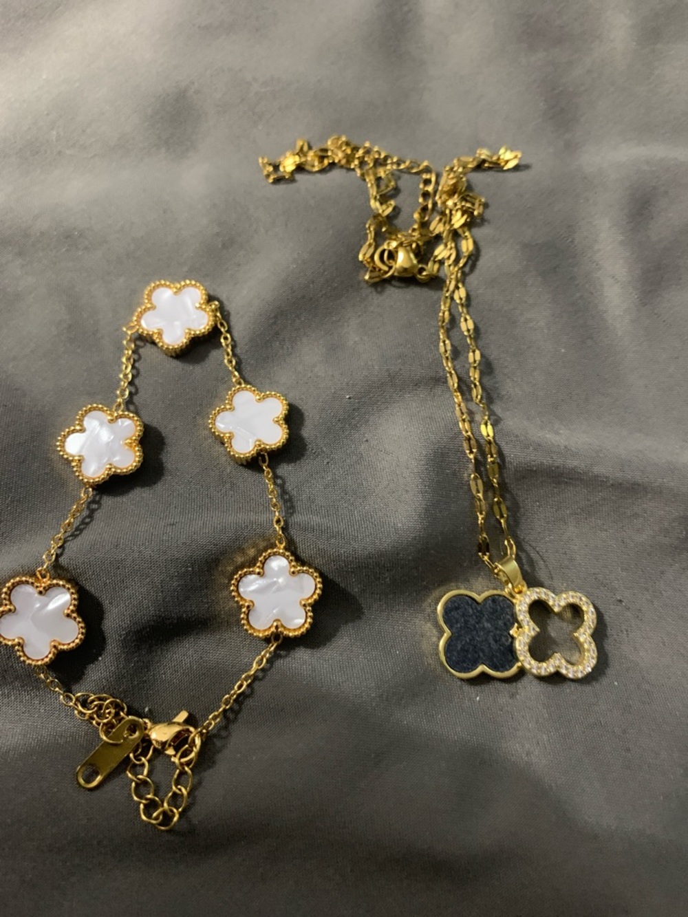 Gold-Tone White Clover Link Bracelet & Double Clover Necklace Set